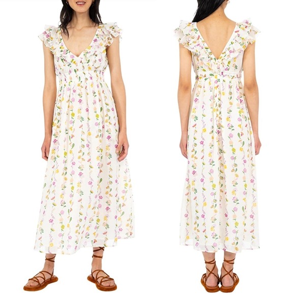 Banjanan NEW Maya Cotton Midi Dress in‎ Folk Floral Magnolia Women's Size Small